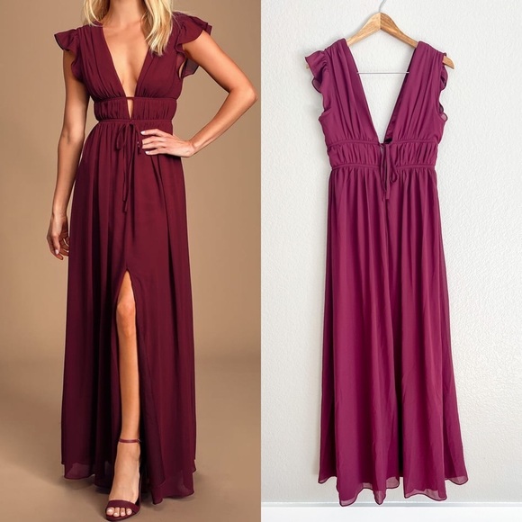 NWOT I’m All Yours Burgundy Ruffled Maxi Dress - Picture 1 of 9